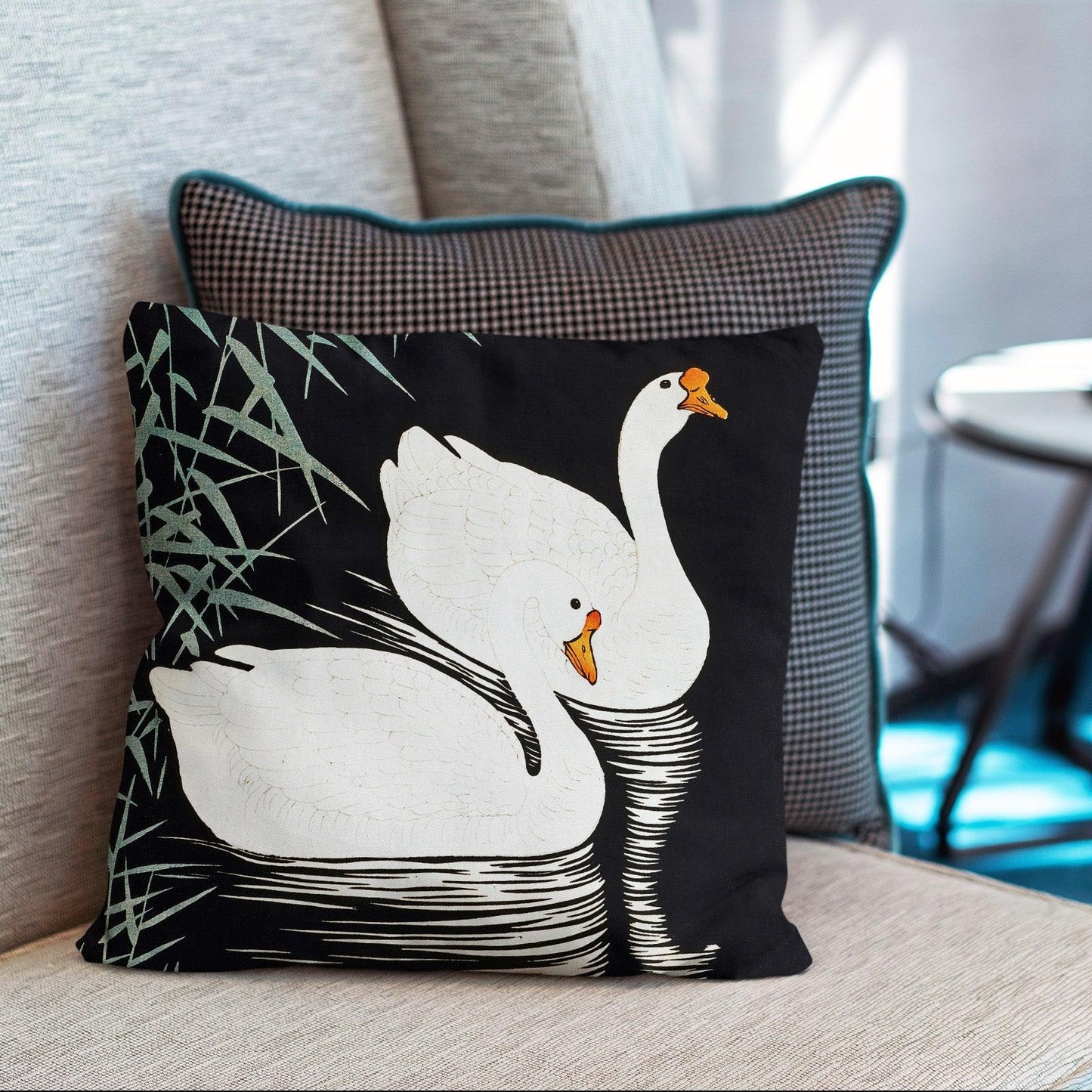 Art Animal Throw Pillow Covers Pack of 2 18x18 Inch (White Chinese Geese Swimming by Ohara Koson) - Berkin Arts