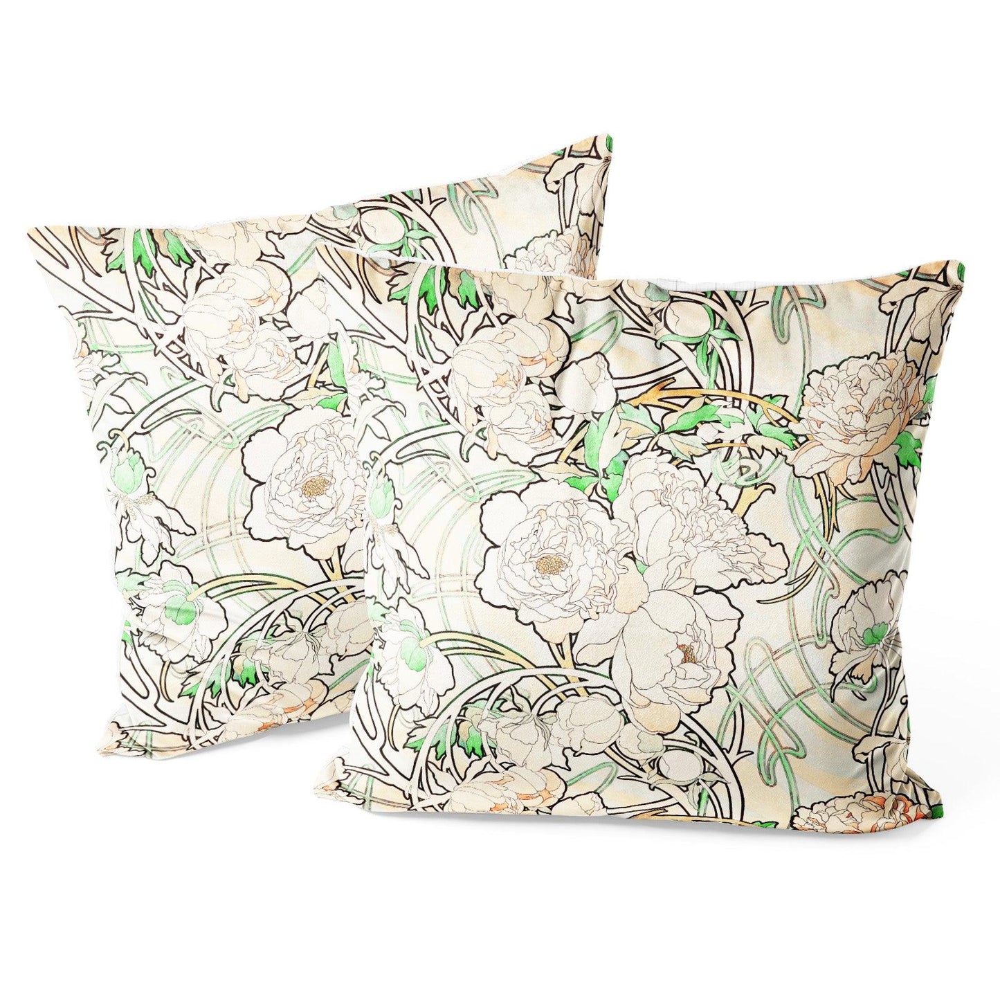 Art Flower Throw Pillow Covers Pack of 2 18x18 Inch (Peonies by Alphonse Mucha) - Berkin Arts