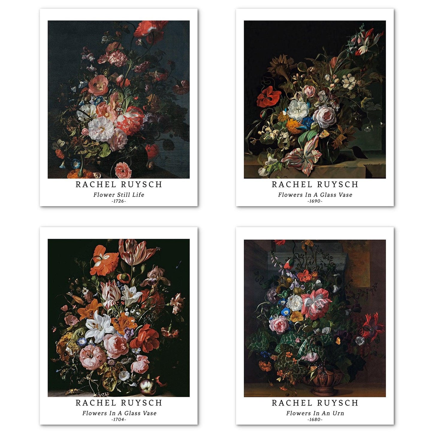 Classical Flower Art Paper Giclee Prints Set of 4 (Rachel Ruysch Series) - Berkin Arts
