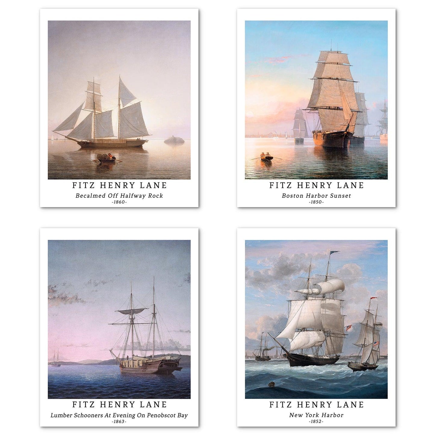 Classical Landscape Art Paper Giclee Prints Set of 4 (Fitz Henry Lane Series) - Berkin Arts